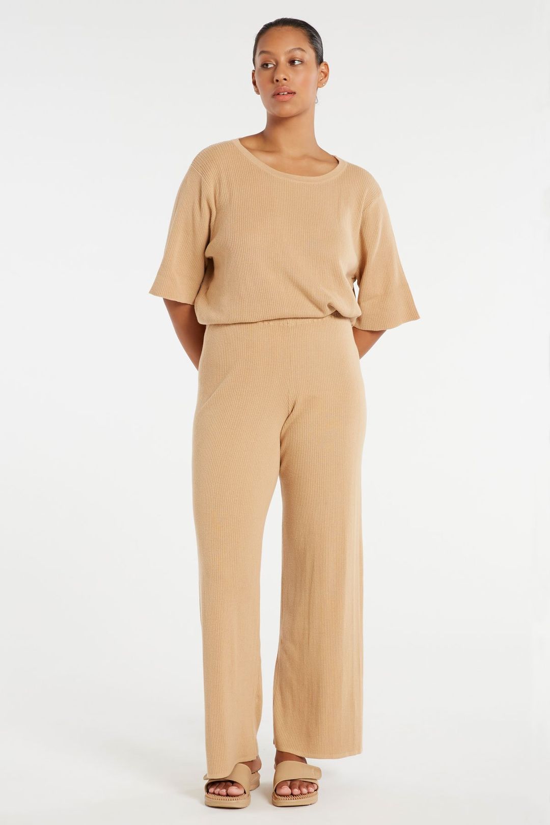 Signature Rib Knit Pant - Tan - ShopperBoard