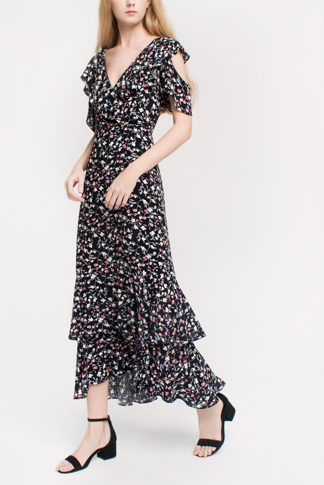 bias cut ruffled maxi dress