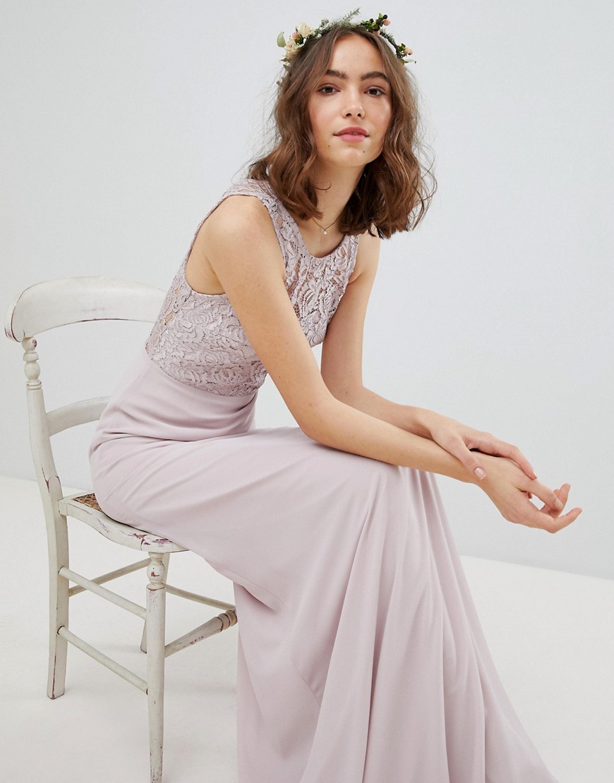 tfnc maxi bridesmaid dress with scalloped lace and open back