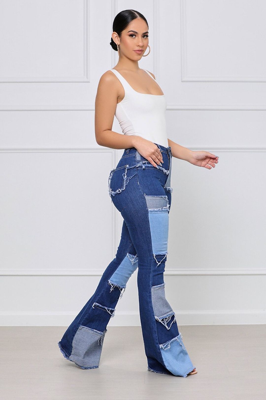 Details Patchwork Denim Flare Jeans - ShopperBoard