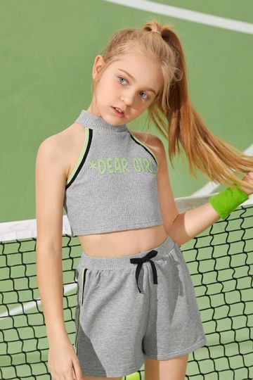 Girls Contrast Binding Letter Graphic Halter Top & Shorts