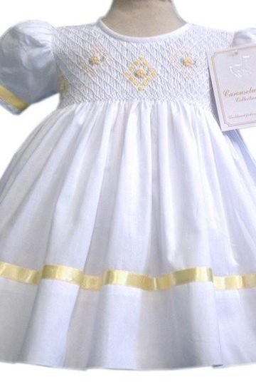 Special Occasion White Heirloom Smocked Girls Dress with Yellow Ribbons