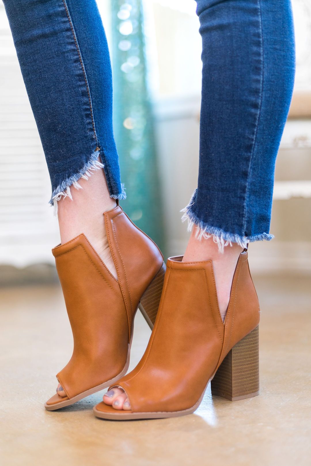 Camel peep shop toe booties