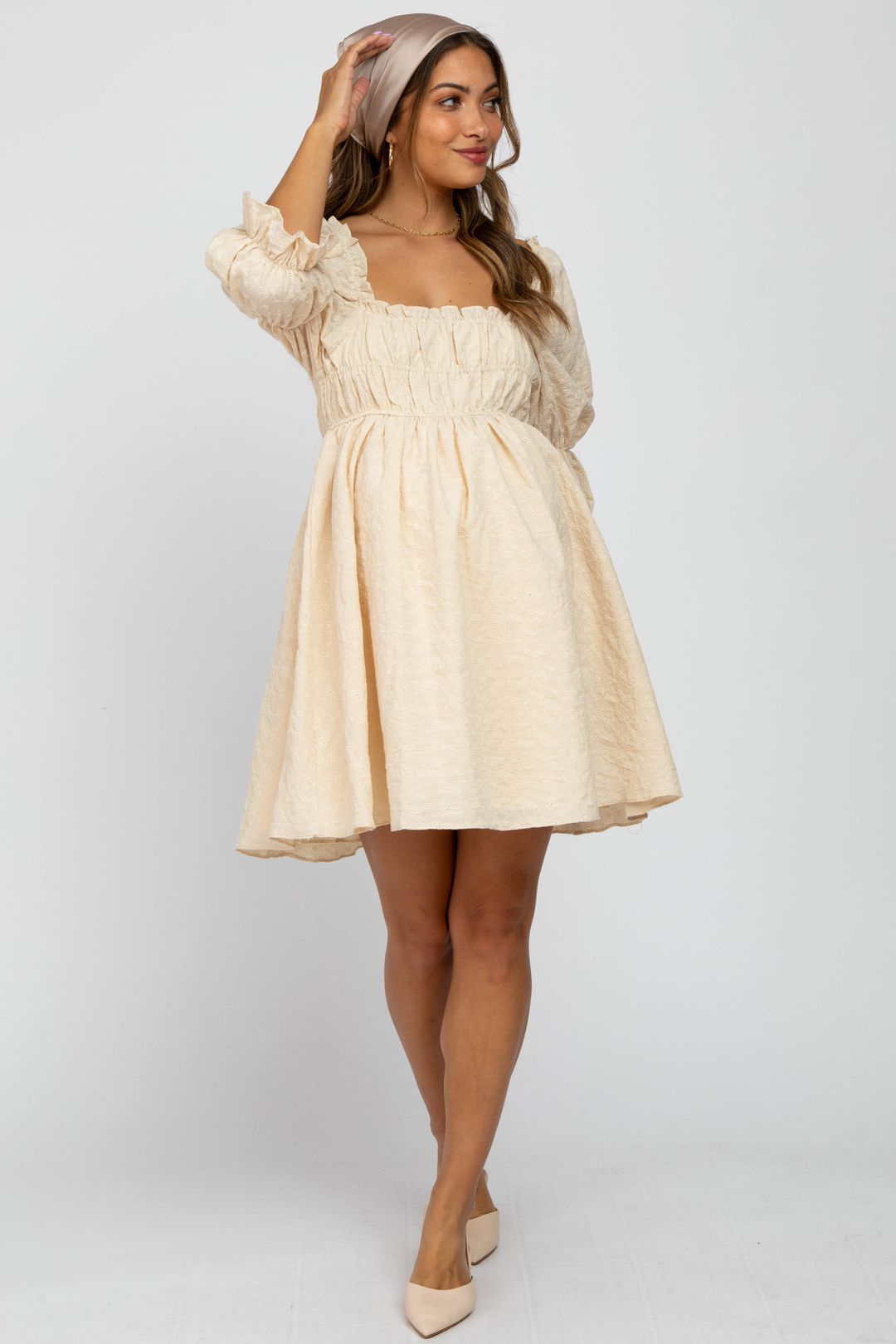 Beige Floral Eyelet 3/4 Puff Sleeve ...