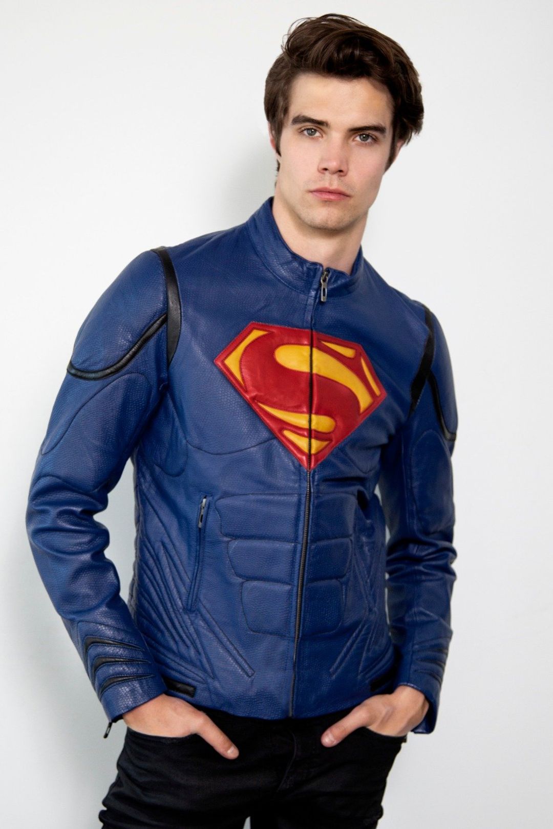 Mens Superhero Blue Armor Leather Jacket ShopperBoard