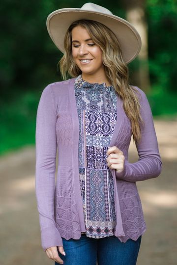 Mauve Scalloped Crochet Lace Trim Cardigan