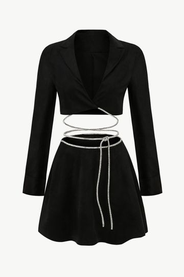 Lapel Collar Cropped Velvet Top and Skirt Set