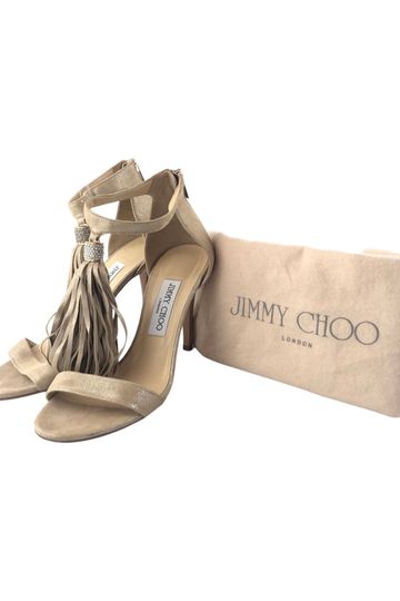 JIMMY CHOO Viola Beige Metallic Tassel Heels Sz 37.5