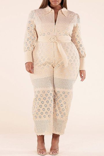 Oatmeal Eyelet Belted Jumpsuit,