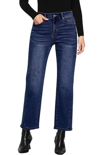 Dark Blue Women's High Waist Jean Regular Fit Slight Stretch Straight Leg Ankle Length Pants