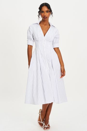 Palina Pinstripes Cotton Poplin Pleated Midi Preppy Shirt Dress