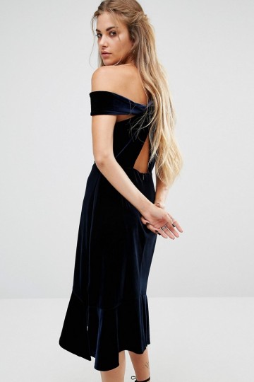 Foxiedox Margaux Off The Shoulder Frill Hem Velvet Dress ShopperBoard