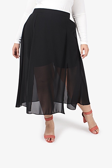 Marcella Midi Chiffon Slit Skorts - Black