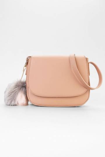 Luna Sling Bag with Furry Ball in Taupe